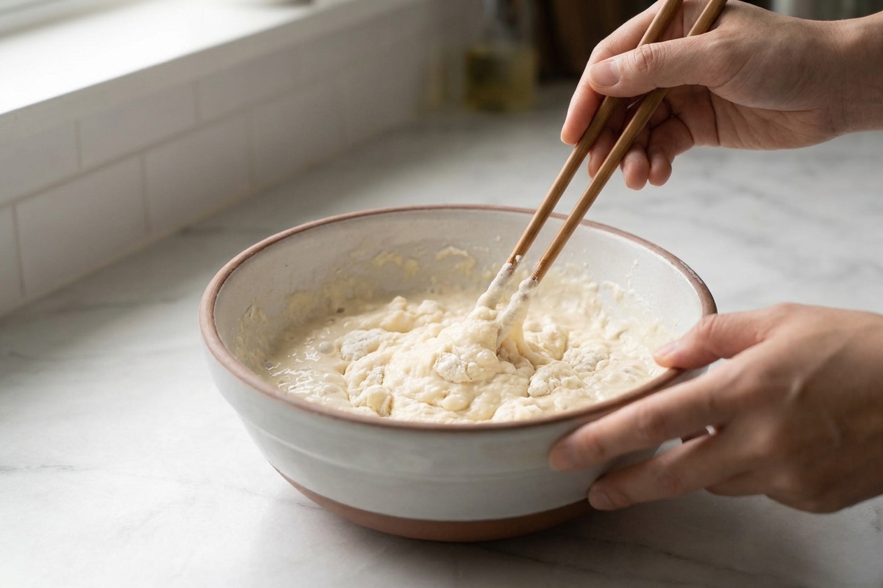 A bowl of tempura batter being gently stirred with chopsticks, with visible lumps and a light, airy consistency