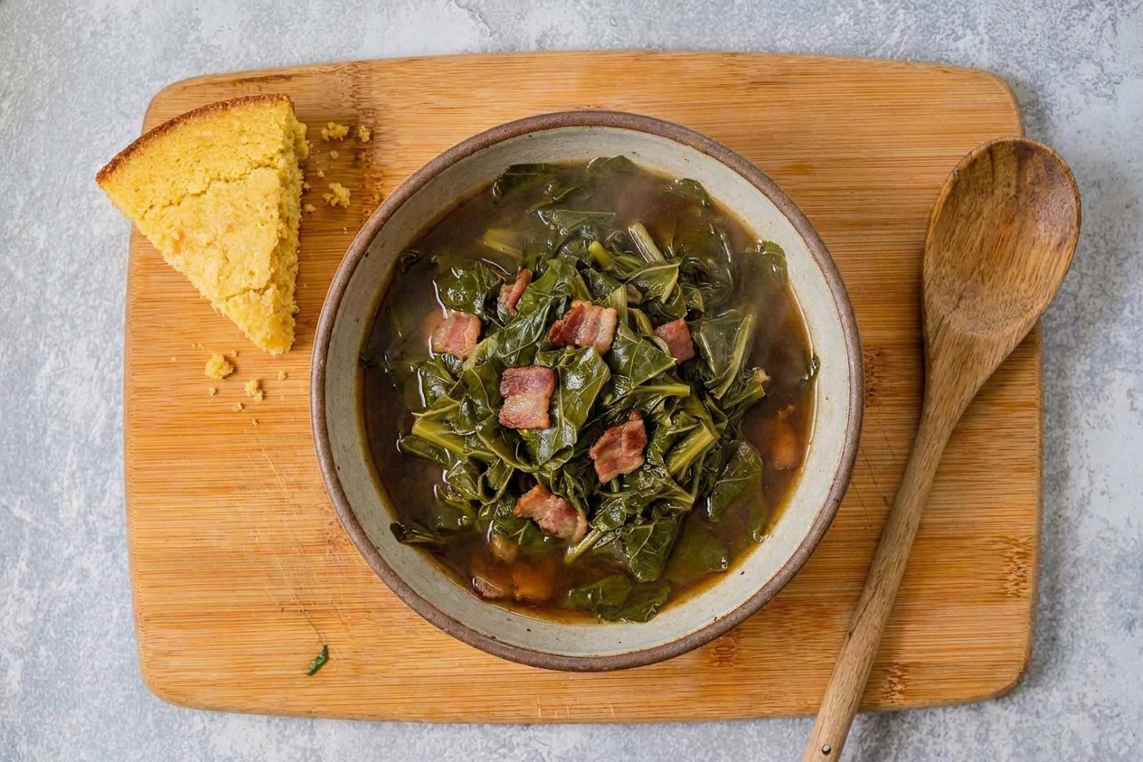 A bowl of tender turnip greens with smoky broth on a rustic table, with cornbread and a spoon beside it