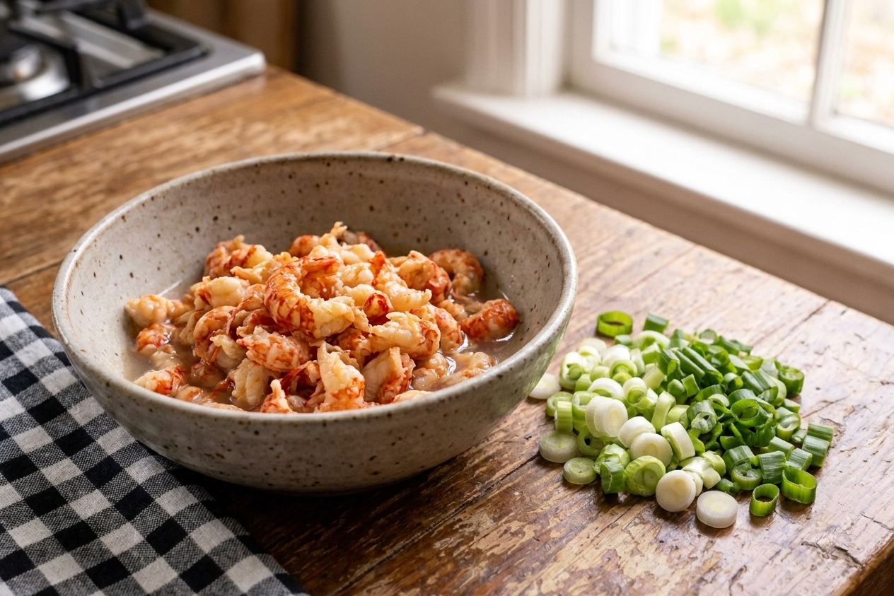 A bowl of thawed crawfish tail meat drained well on a kitchen counter next to sliced green onions