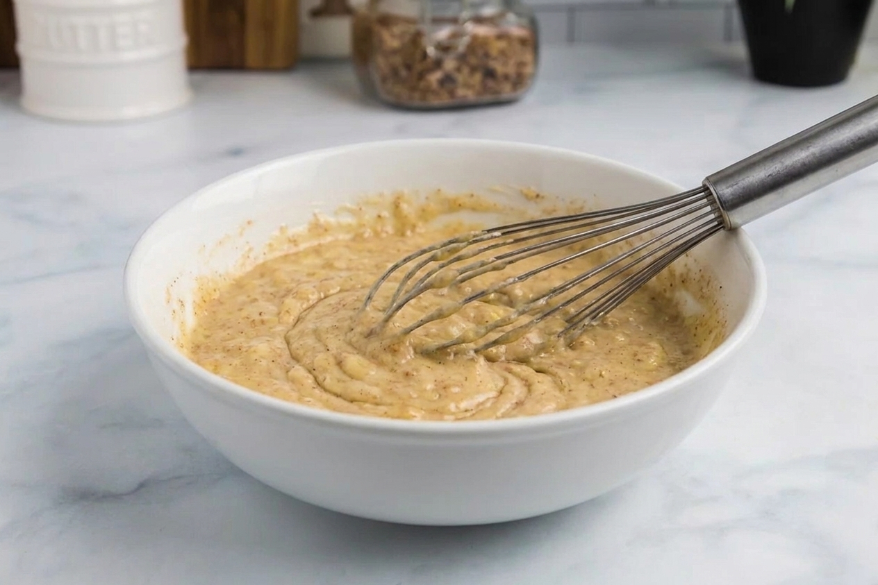 A bowl of thick banana pancake batter with a whisk resting inside on a bright kitchen counter