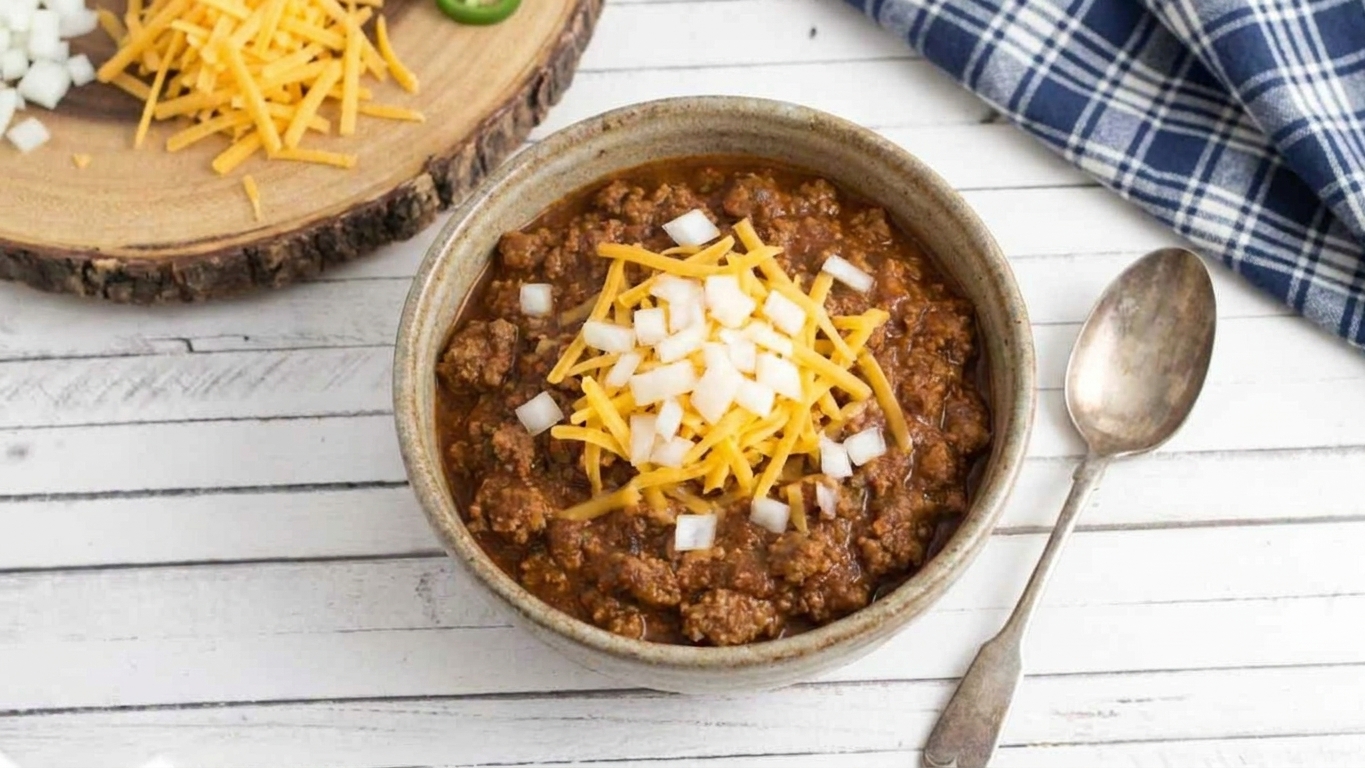 A bowl of thick beanless chili topped with shredded cheddar and diced onions on a wooden table with a spoon nearby