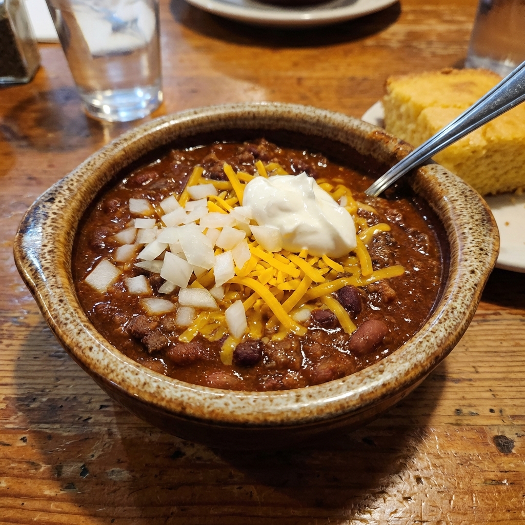 A bowl of thick beef and bean chili with diced onions on top on a wooden table