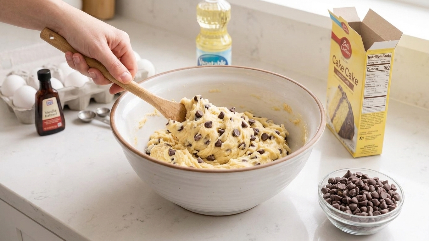 A bowl of thick cake mix cookie dough being stirred with a spatula on a clean kitchen counter with chocolate chips nearby