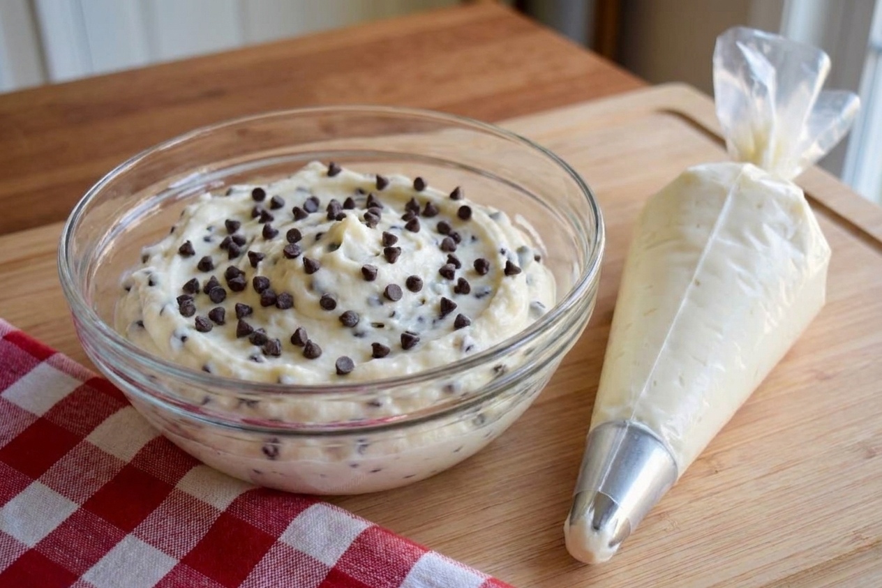 A bowl of thick cannoli cream with mini chocolate chips, a piping bag beside it on a light kitchen counter