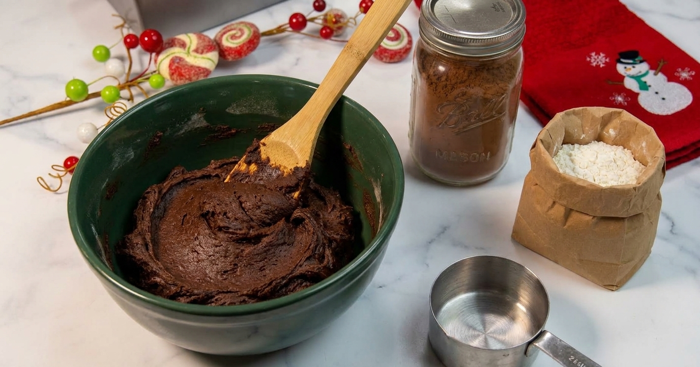 A bowl of thick chocolate cookie dough with a spatula on a kitchen counter next to cocoa powder and flour
