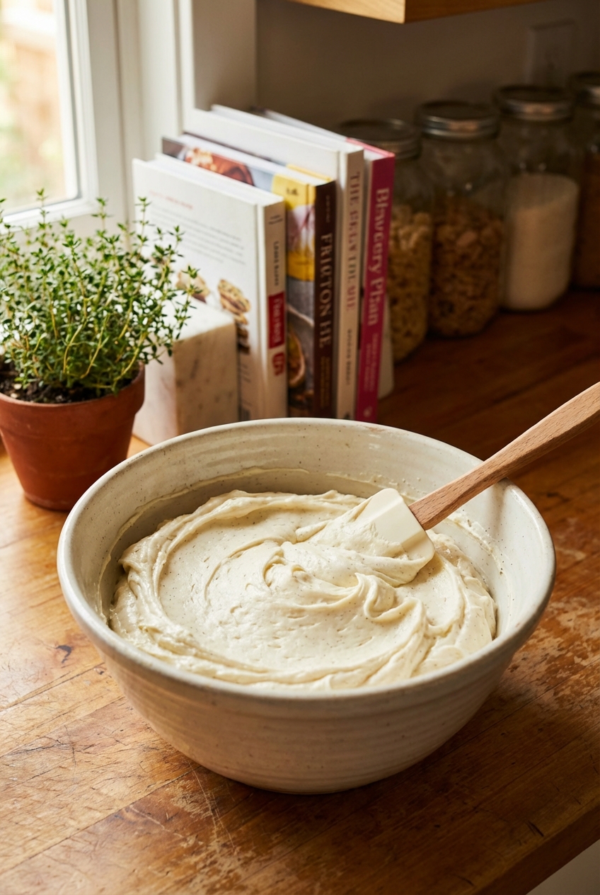 A bowl of thick cream cheese frosting with a spatula resting inside on a kitchen counter