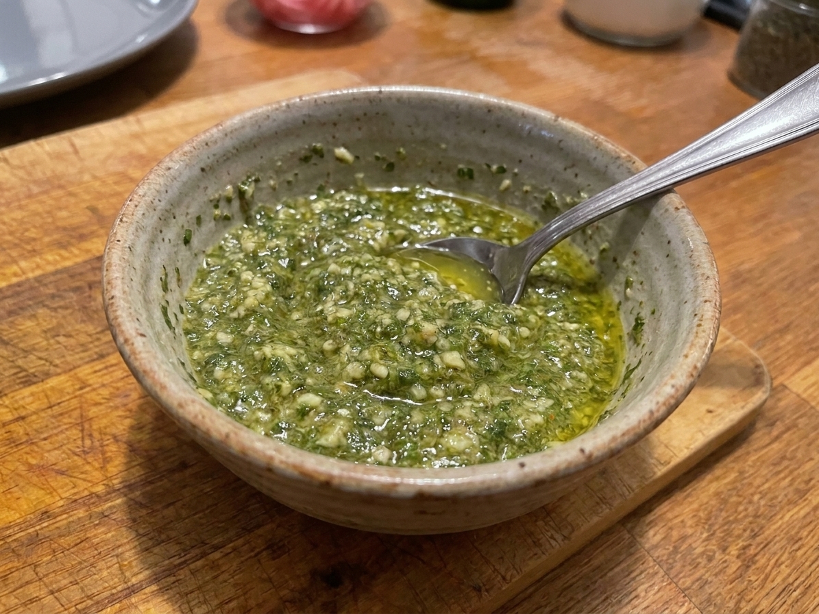 A bowl of thick garlic and herb mojo paste with a spoon resting inside