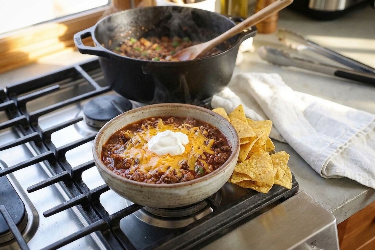 A bowl of thick hamburger chili topped with shredded cheddar and a dollop of sour cream, with tortilla chips on the side