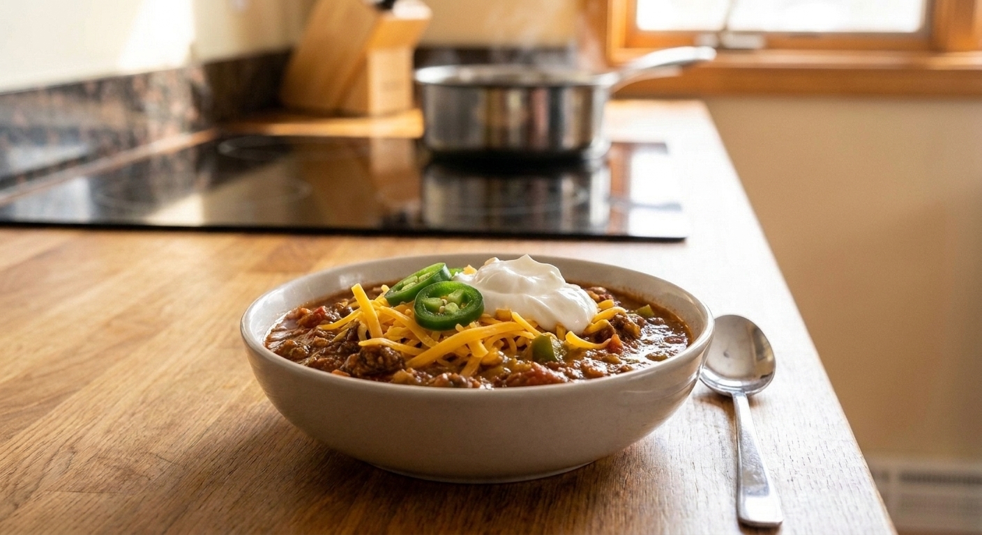 A bowl of thick keto chili topped with shredded cheddar, sliced jalapeños, and a dollop of sour cream with a spoon beside it