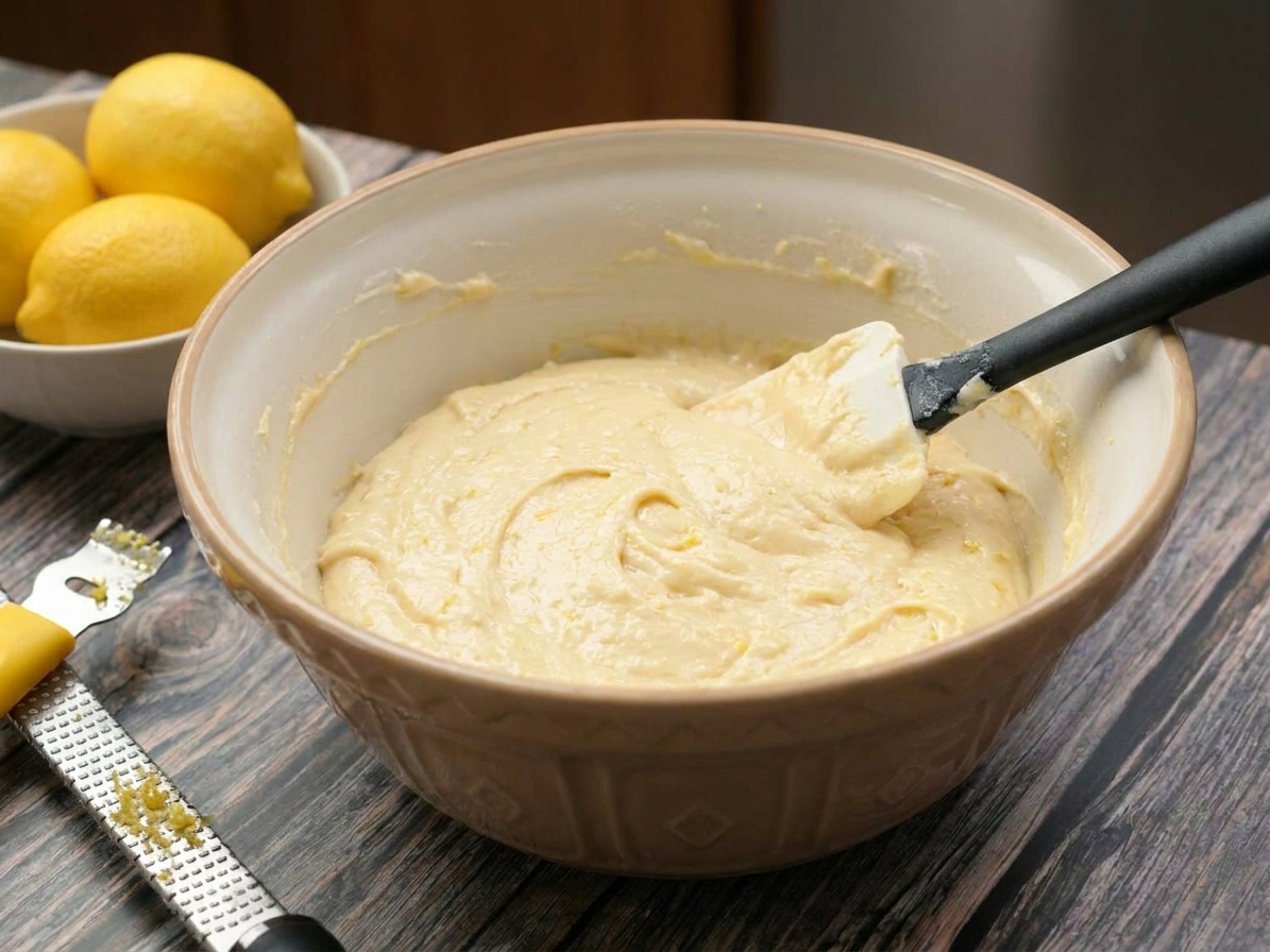 A bowl of thick lemon muffin batter resting on a kitchen counter with a spatula nearby