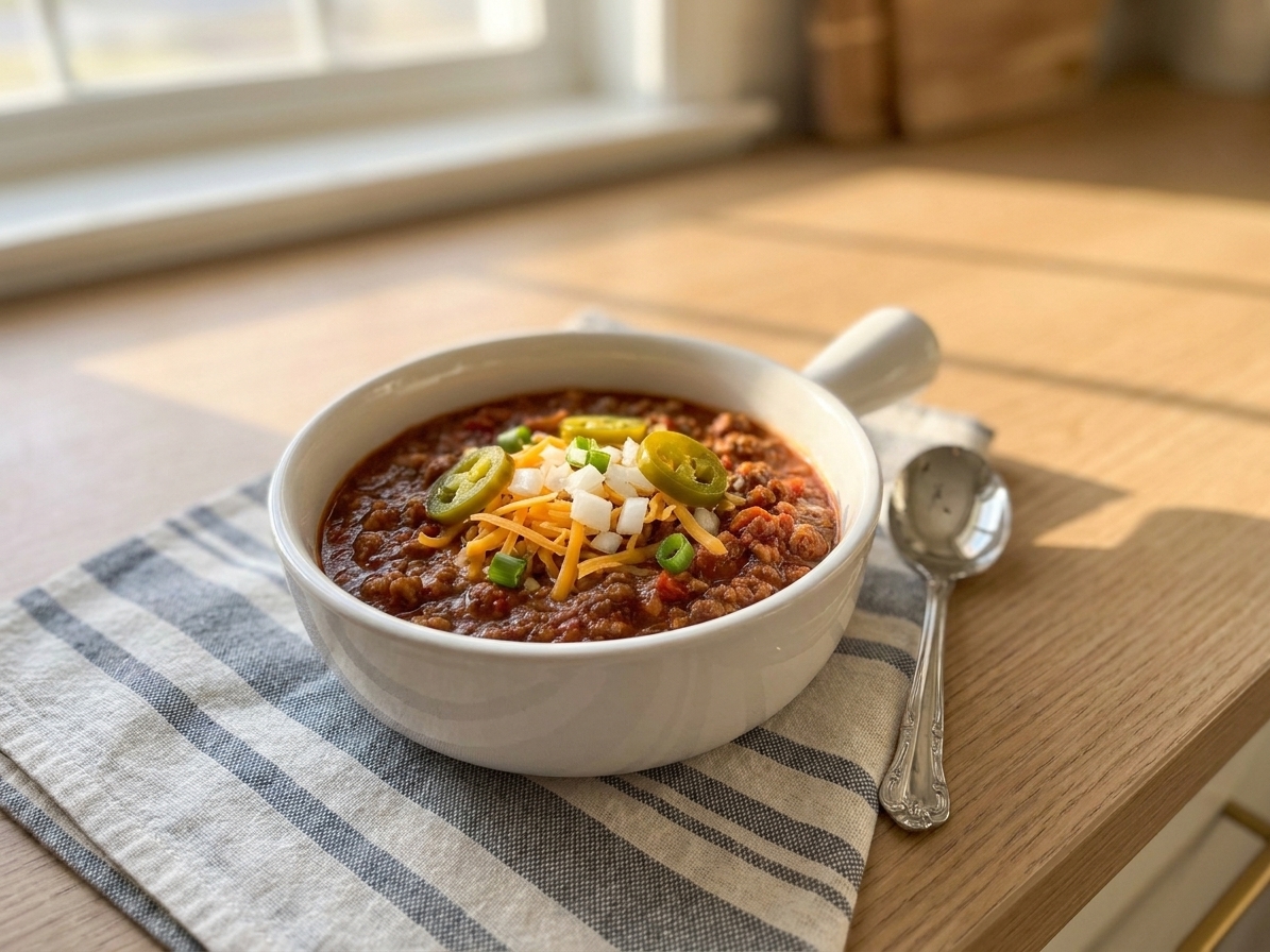 A bowl of thick no bean chili topped with shredded cheddar, diced onion, and sliced jalapeno on a rustic wooden table with a spoon beside it, warm kitchen lighting