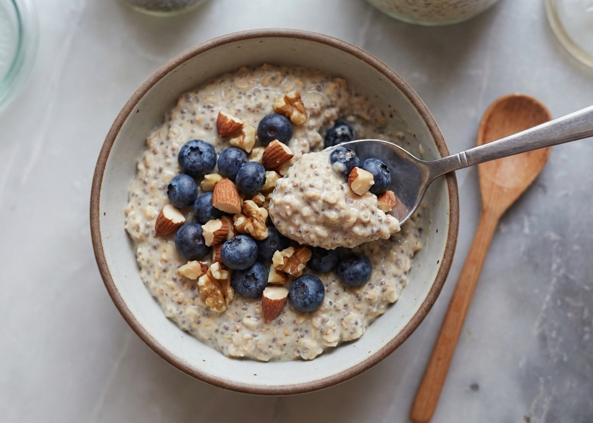 A bowl of thick overnight oats with chia seeds topped with blueberries and chopped nuts, with a spoon scooping a bite
