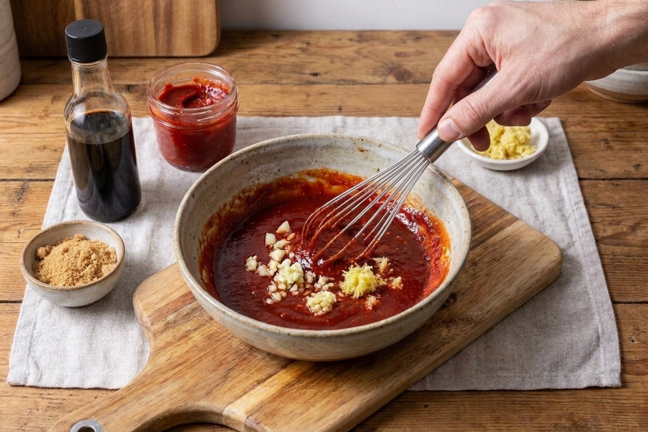 A bowl of thick red gochujang soy marinade being whisked with garlic and ginger on a kitchen counter