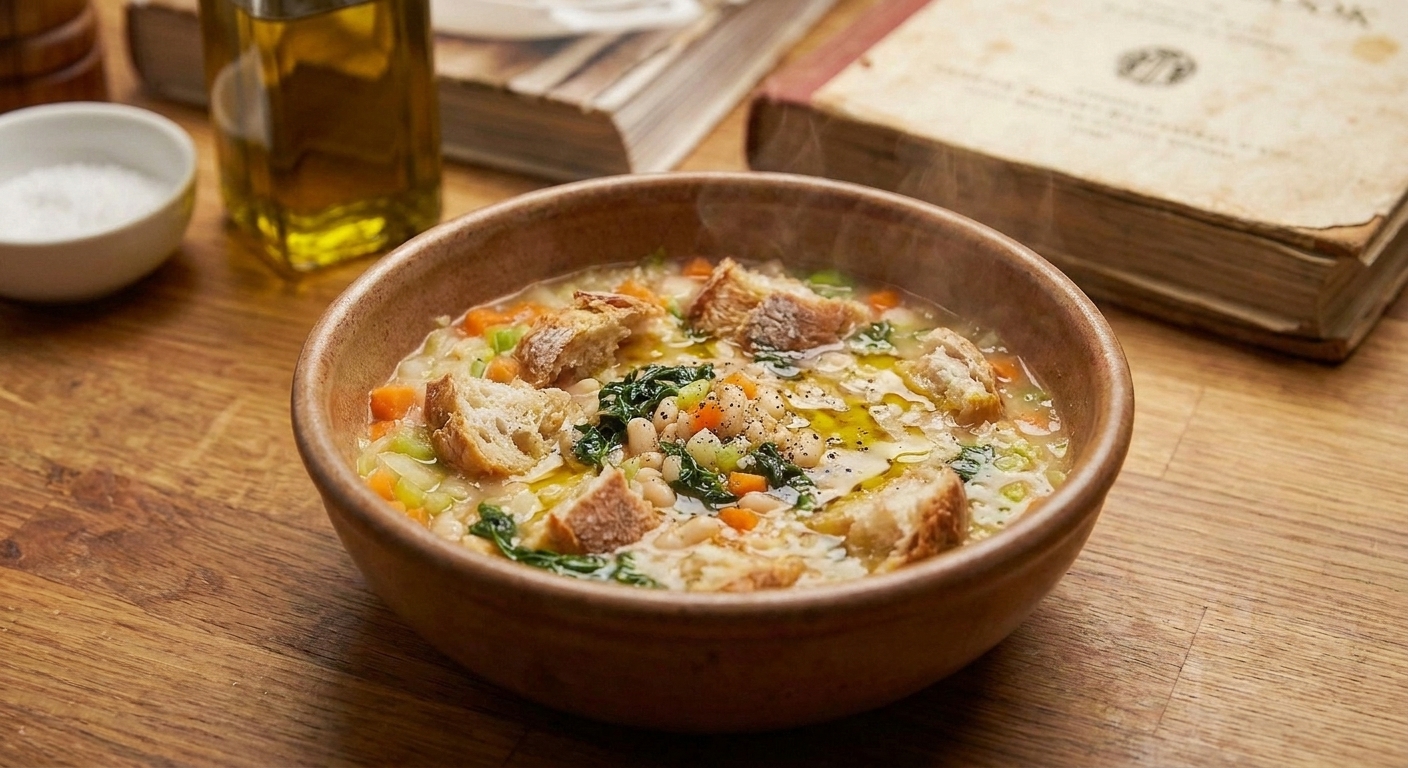 A bowl of thick ribollita topped with a drizzle of olive oil and cracked black pepper on a rustic table setting