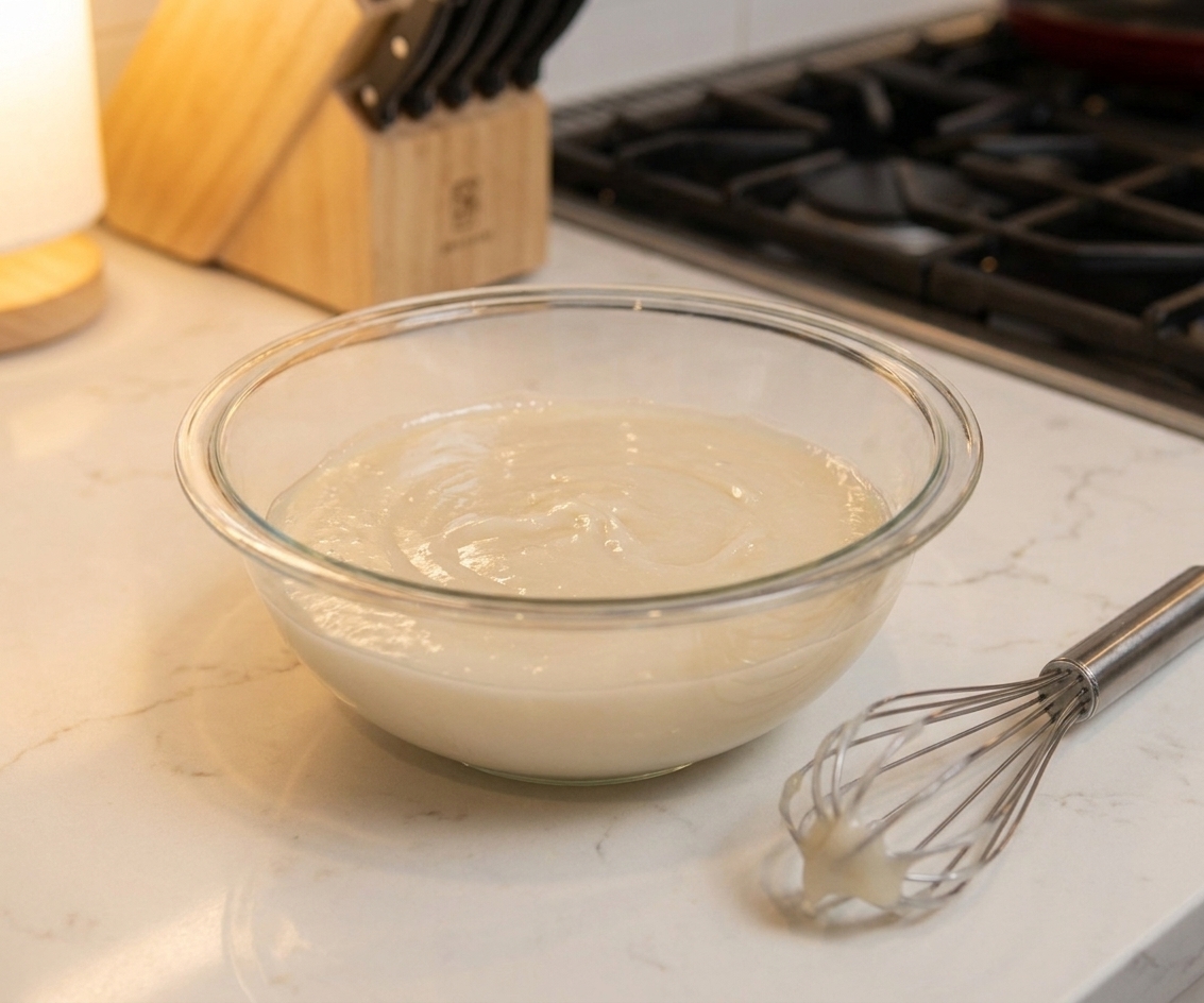A bowl of thick tangzhong paste cooling on a kitchen counter next to a whisk