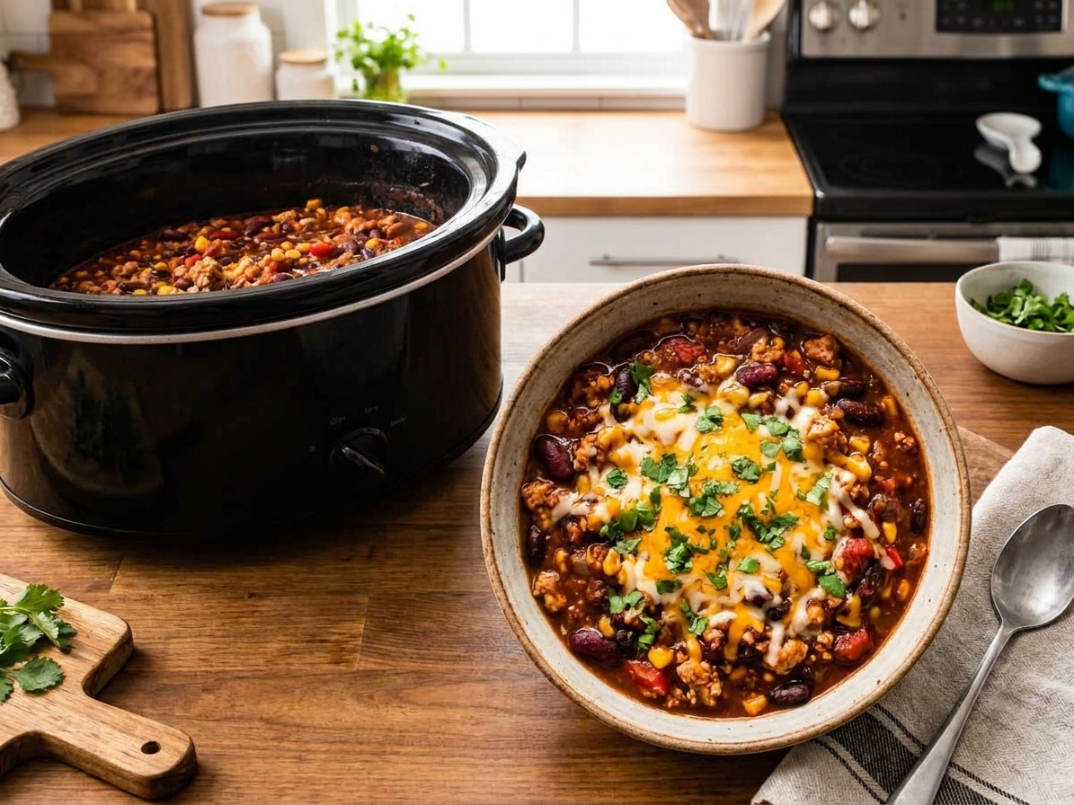 A bowl of thick turkey chili with beans topped with shredded cheese and cilantro, sitting on a wooden table next to a slow cooker in a warm home kitchen