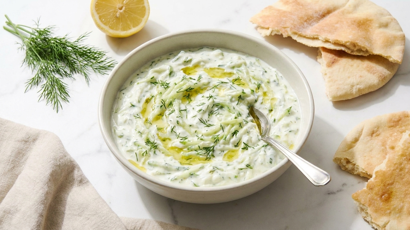 A bowl of thick tzatziki with grated cucumber and herbs on a bright kitchen counter