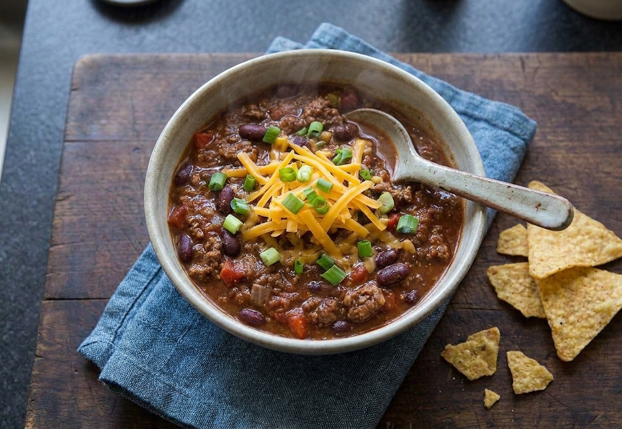 A bowl of thick venison chili topped with shredded cheddar and chopped green onions with tortilla chips nearby