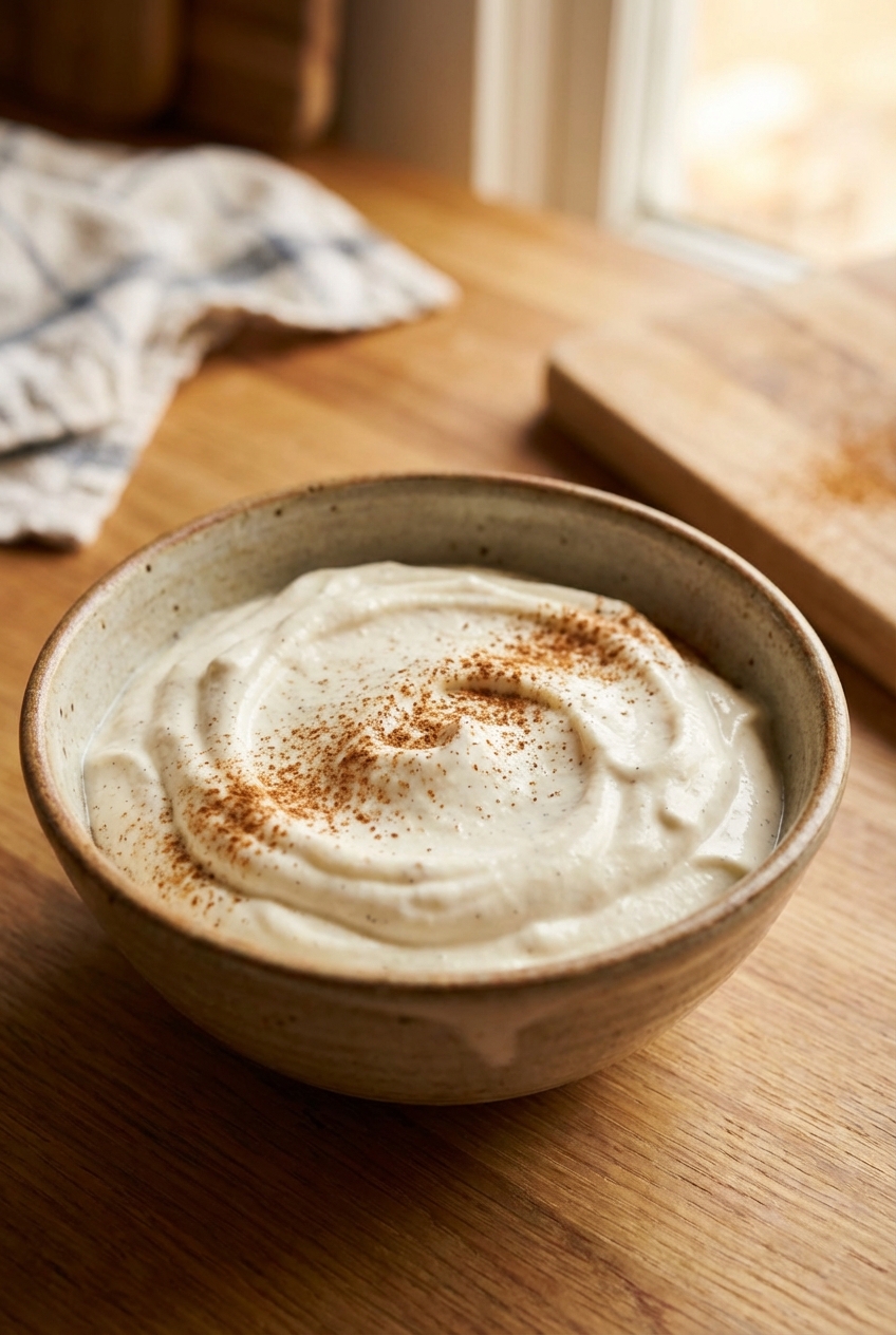 A bowl of thick whipped vanilla yogurt topped with a pinch of cinnamon