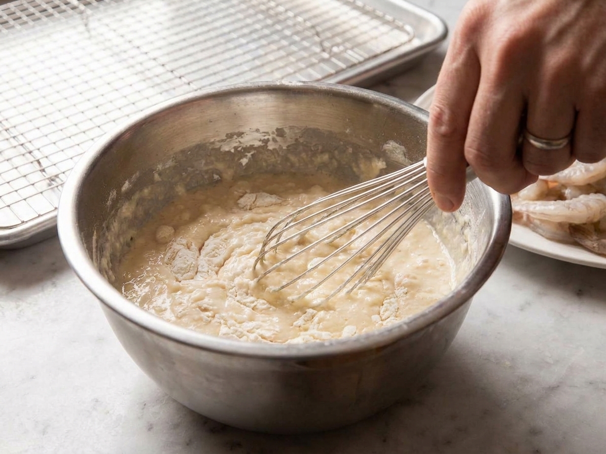 A bowl of thin, lumpy tempura batter with small streaks of flour still visible