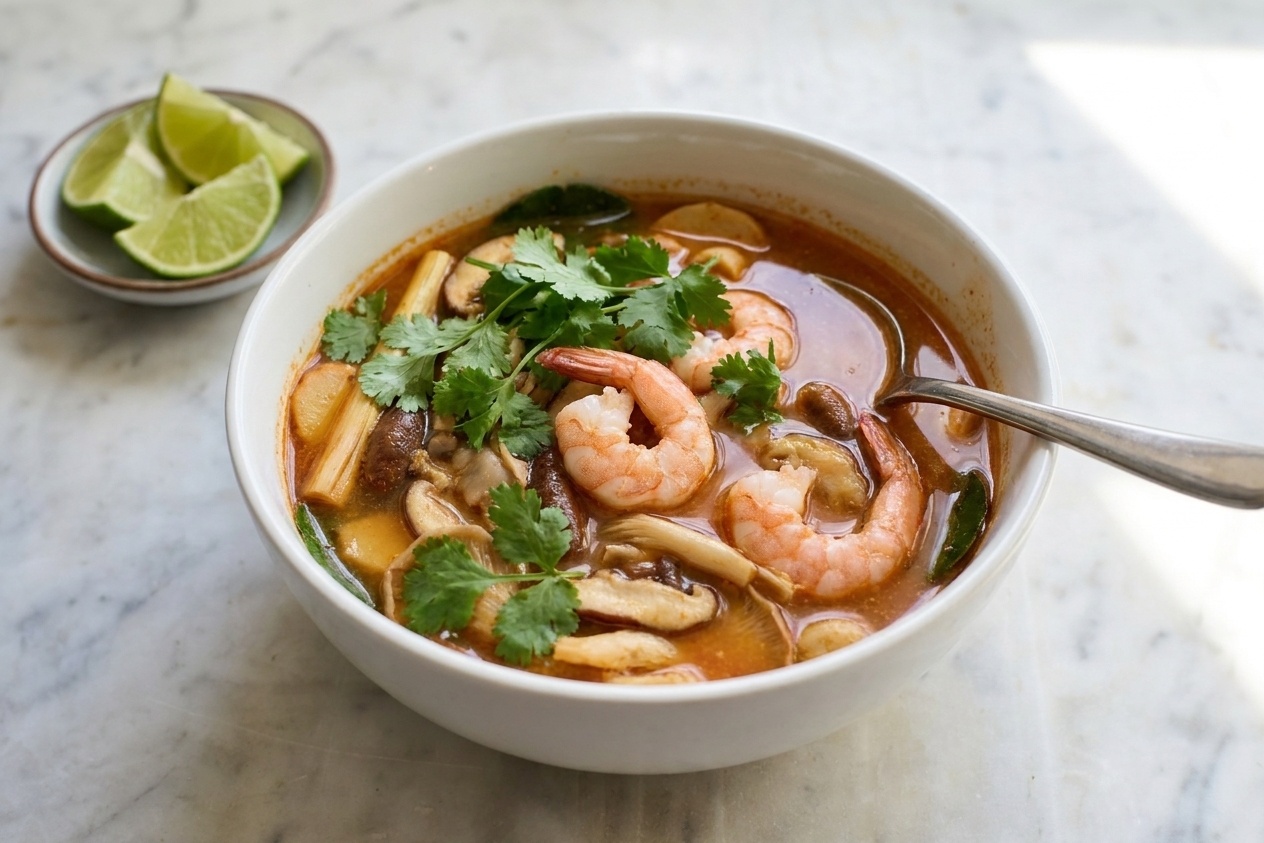 A bowl of tom yum kung topped with cilantro and served with lime wedges