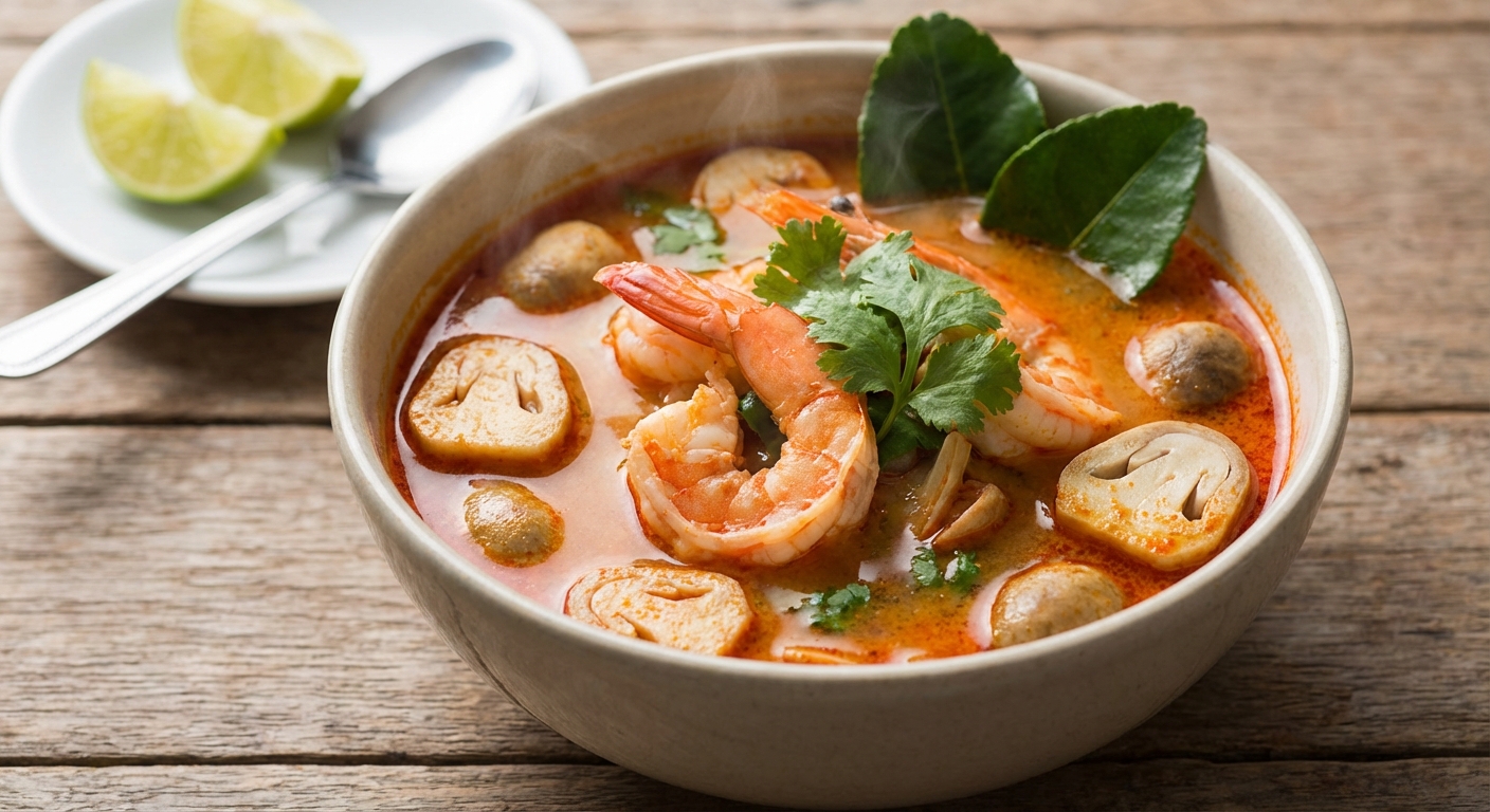 A bowl of tom yum soup with shrimp, mushrooms, and herbs