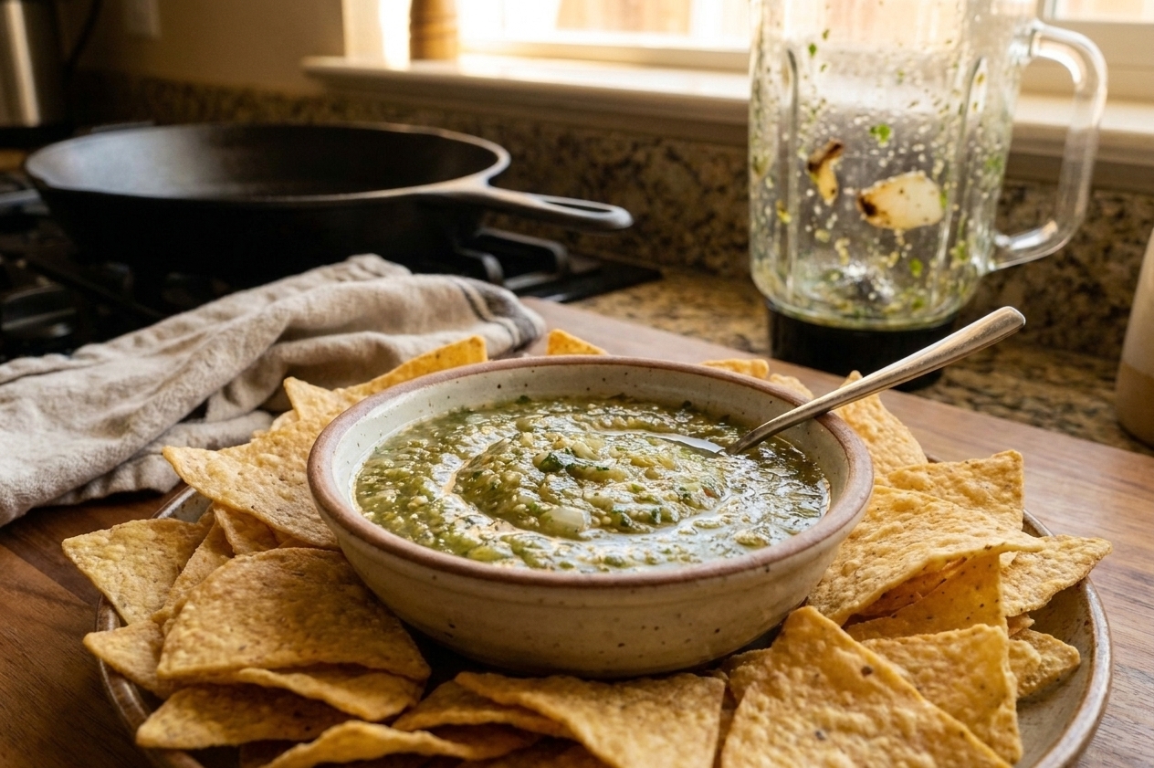 A bowl of tomatillo salsa surrounded by tortilla chips on a casual table setting