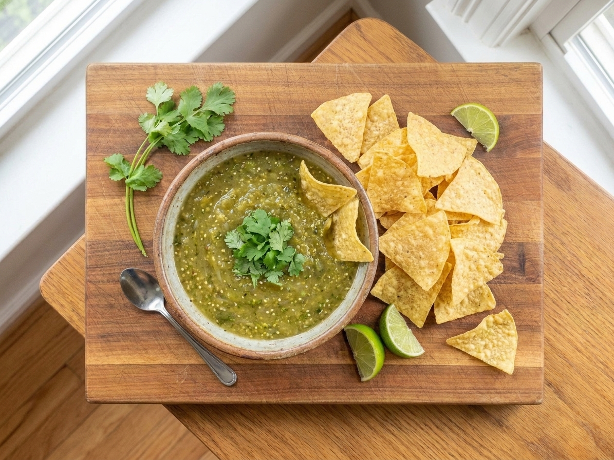 A bowl of tomatillo salsa verde served with tortilla chips on a simple table setting, casual weeknight snack setup