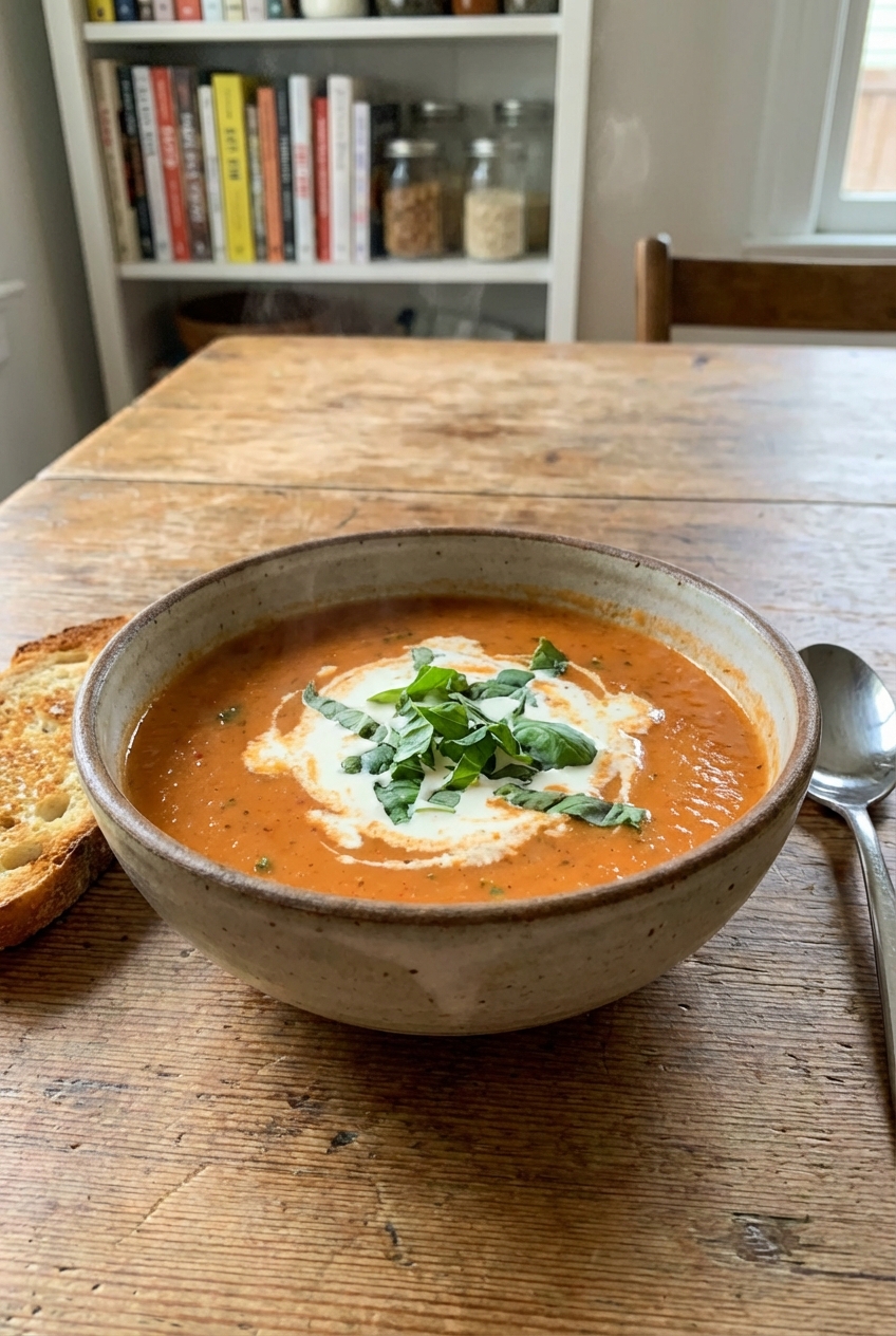 A bowl of tomato basil soup with a swirl of cream on a wooden table