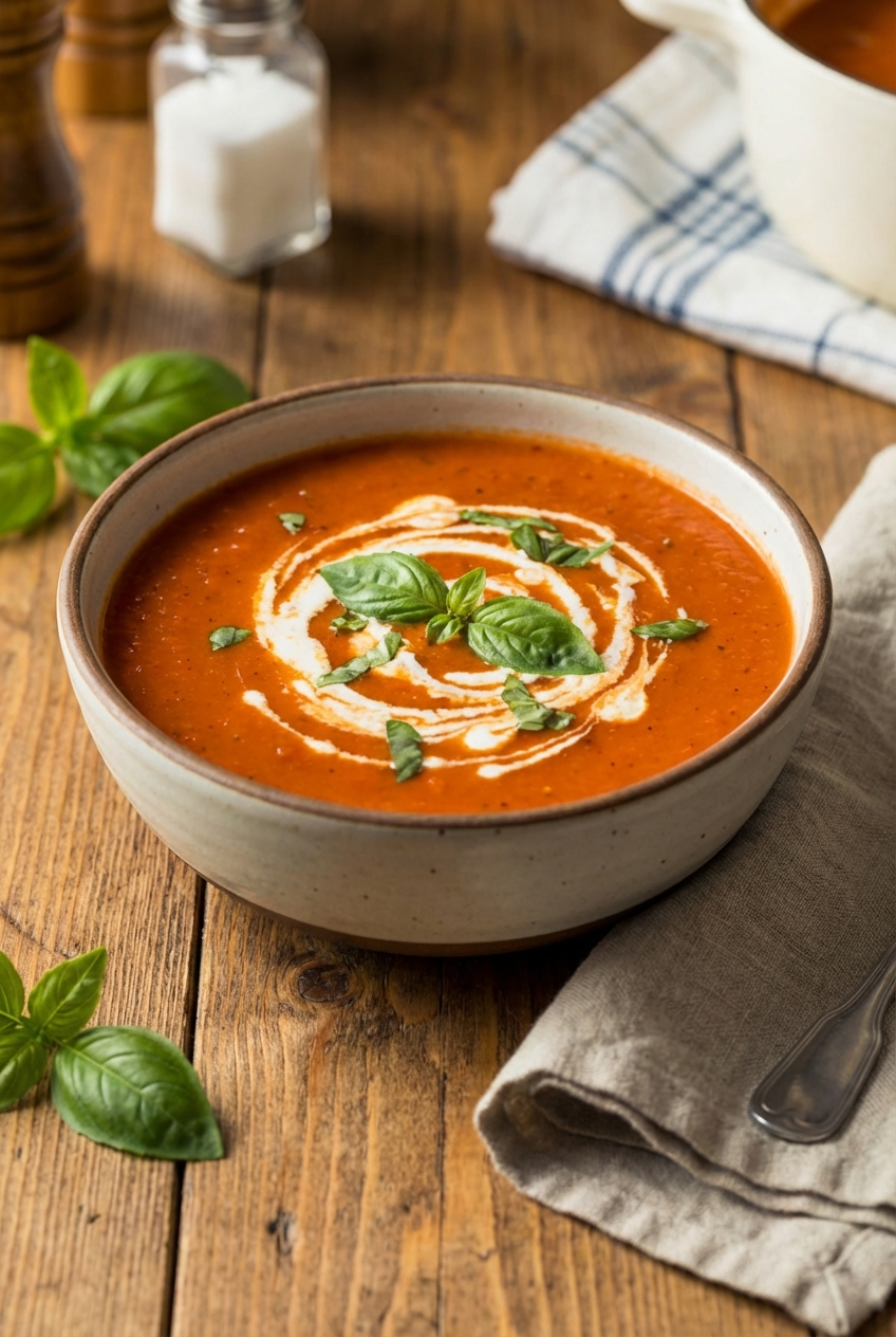 A bowl of tomato basil soup with a swirl of cream on a wooden table