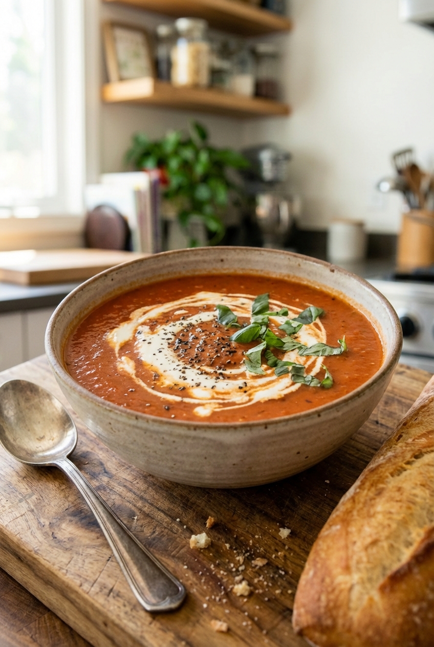 A bowl of tomato basil soup with a swirl of cream and cracked pepper on top