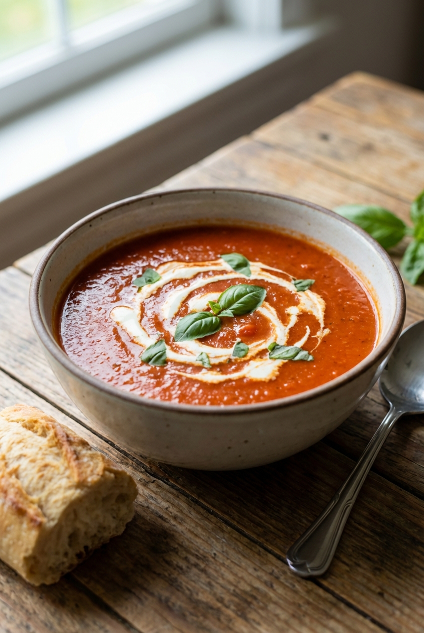 A bowl of tomato basil soup with a swirl of cream on a wooden table