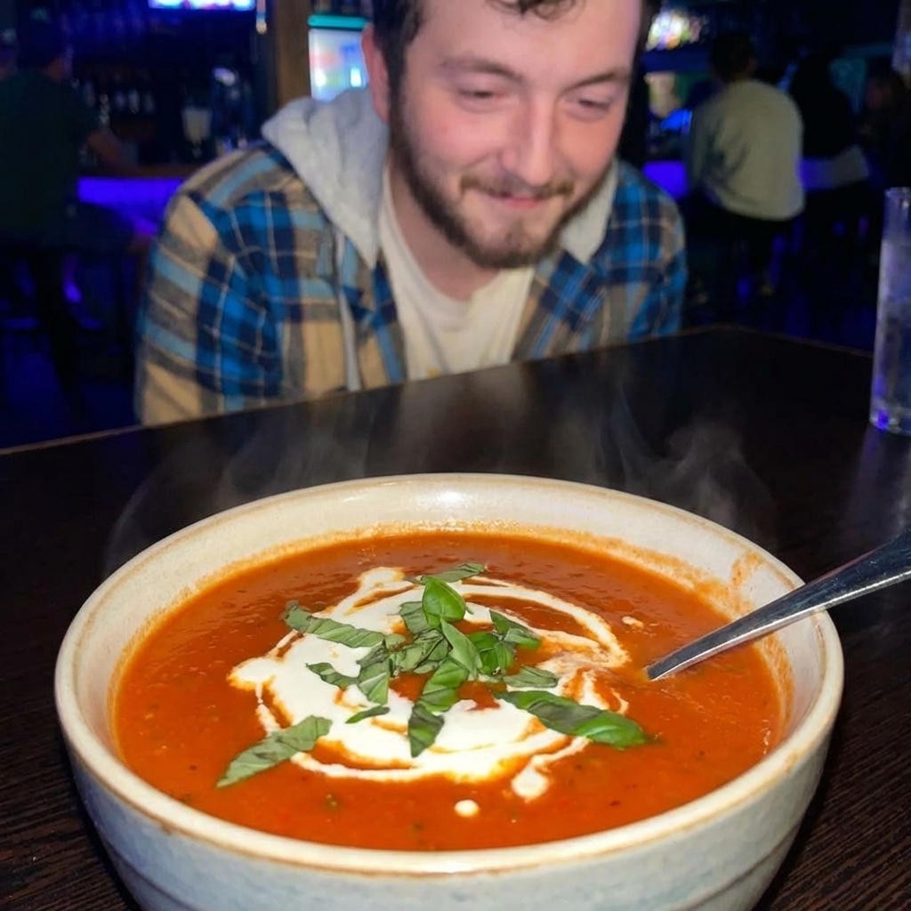 A bowl of tomato basil soup with a swirl of cream on top