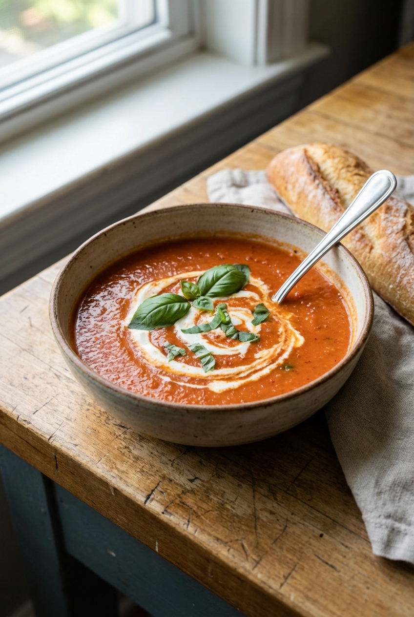 A bowl of tomato basil soup with a swirl of cream