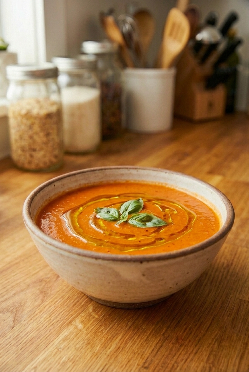 A bowl of tomato basil soup with a swirl of olive oil on top