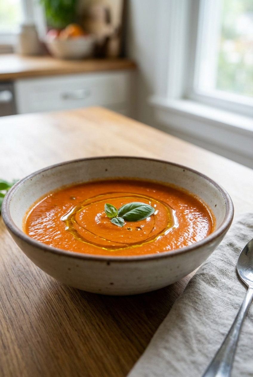 A bowl of tomato basil soup with a swirl of olive oil on a kitchen table in natural light