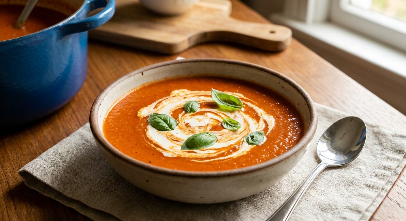 A bowl of tomato bisque topped with a cream swirl and fresh basil on a wooden table setting