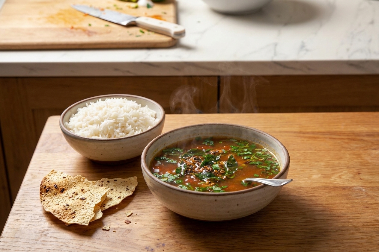 A bowl of tomato rasam served beside steamed rice and papad on a simple dinner table setting