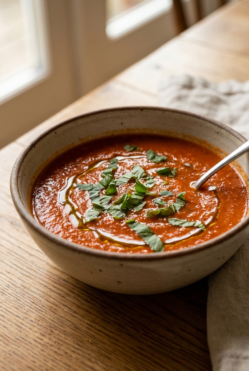 A bowl of tomato soup topped with basil