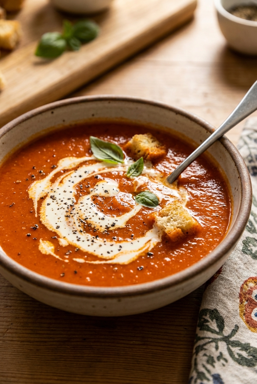 A bowl of tomato soup with a swirl of cream and cracked black pepper