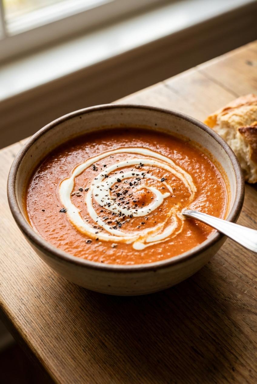 A bowl of tomato soup with a swirl of cream and cracked pepper