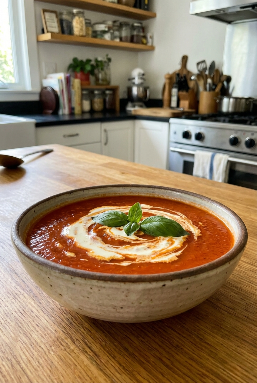 A bowl of tomato soup with a swirl of cream