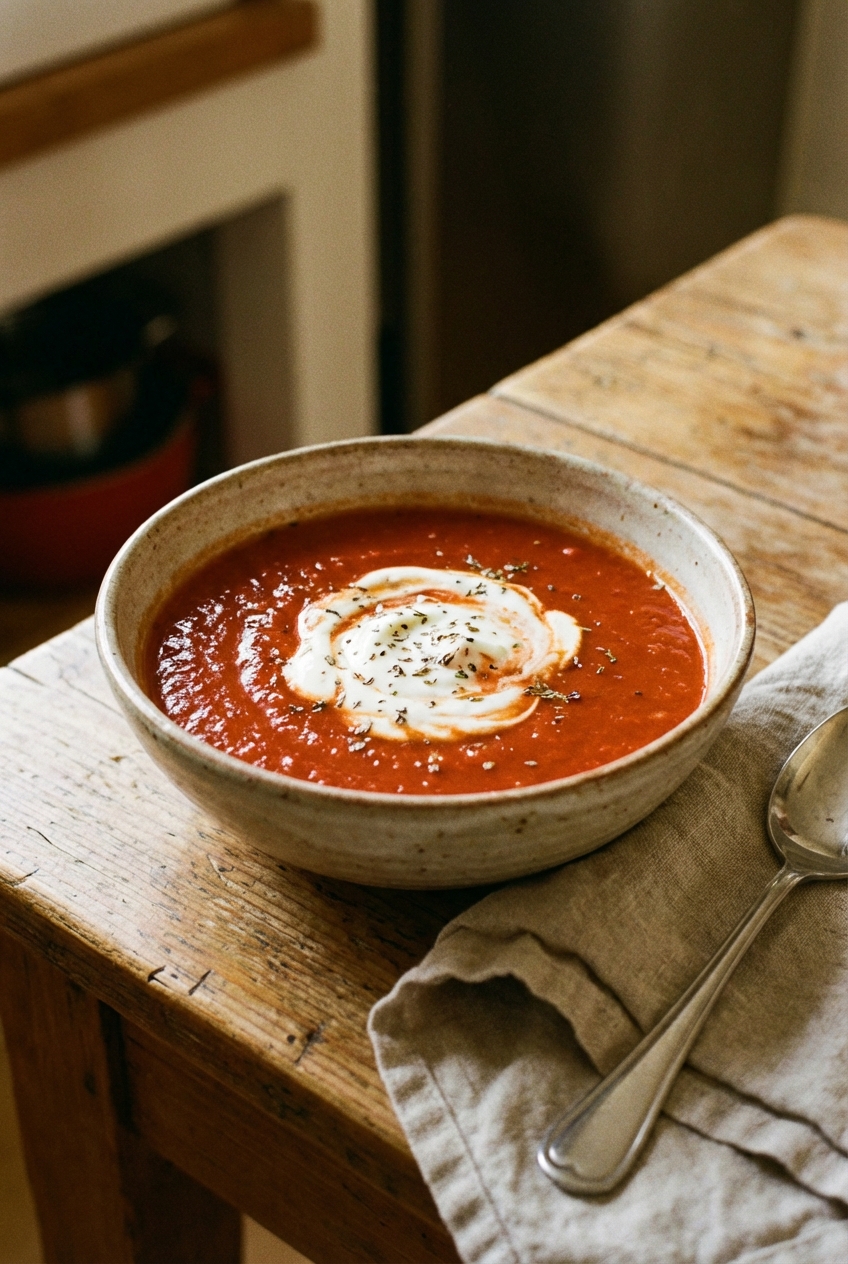 A bowl of tomato soup with a swirl of yogurt