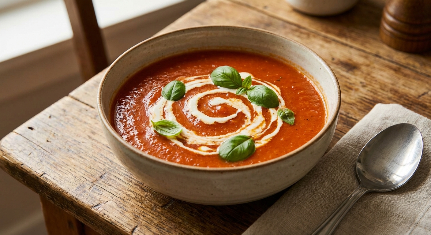 A bowl of tomato soup with basil and a swirl of cream on a wooden table