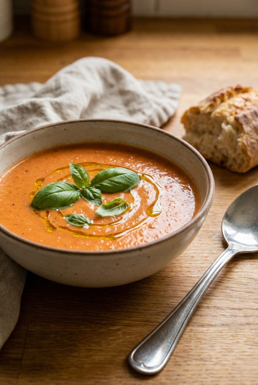 A bowl of tomato soup with basil on top next to a spoon
