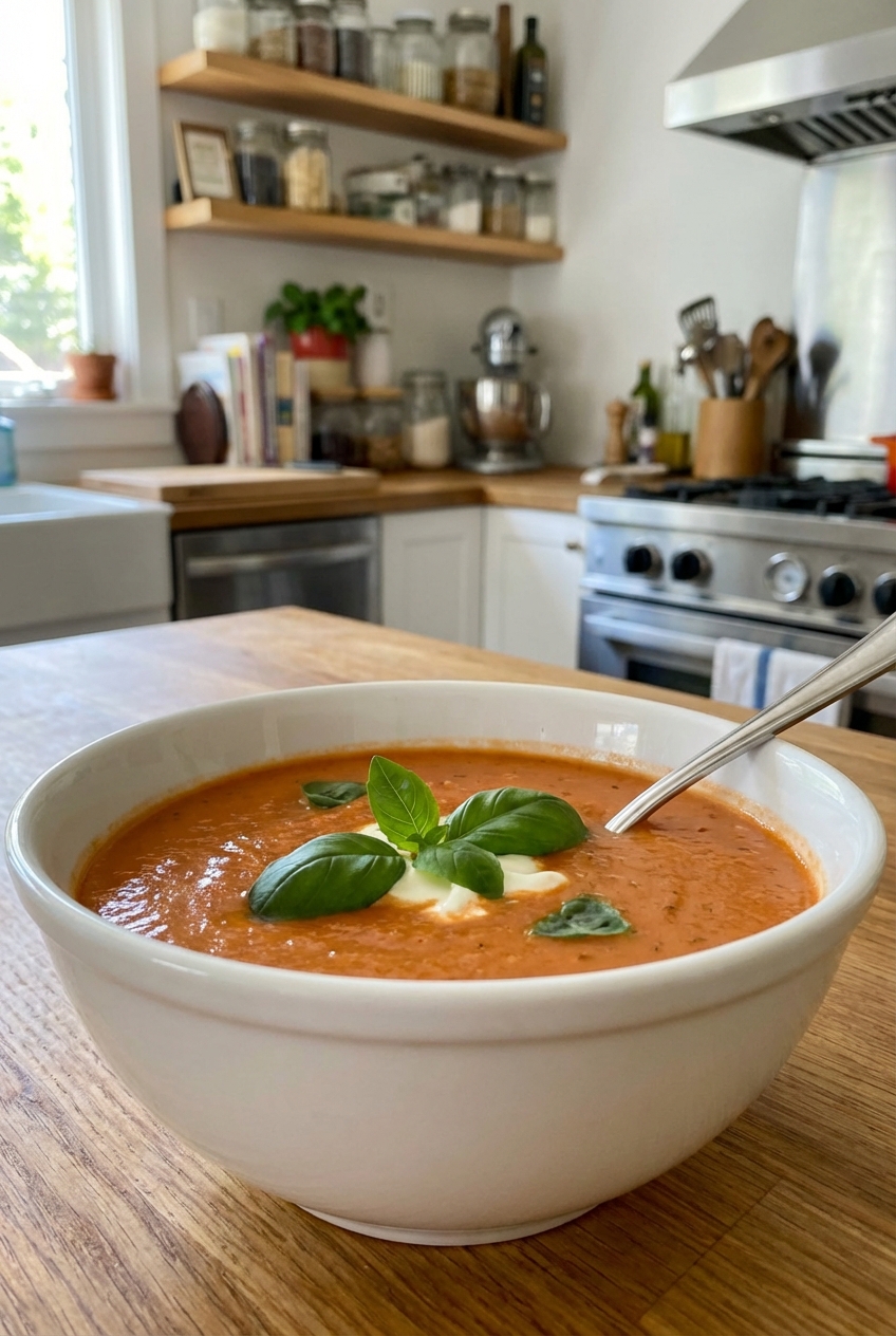 A bowl of tomato soup with basil on top