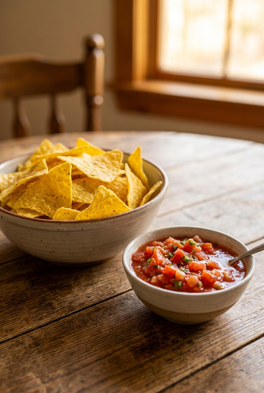 A bowl of tortilla chips next to a bowl of fresh tomato salsa on a wooden table