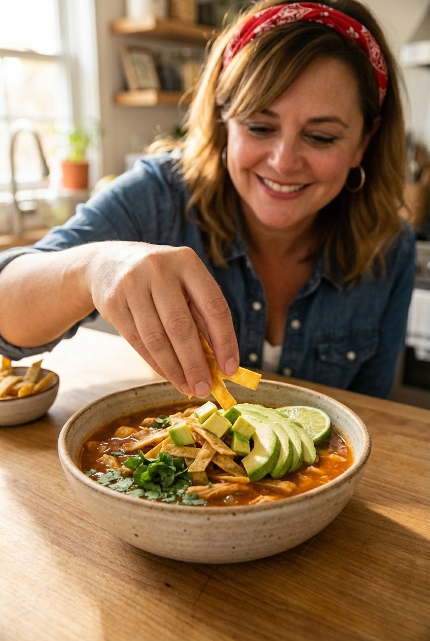 A bowl of tortilla soup being topped with crispy tortilla strips and avocado