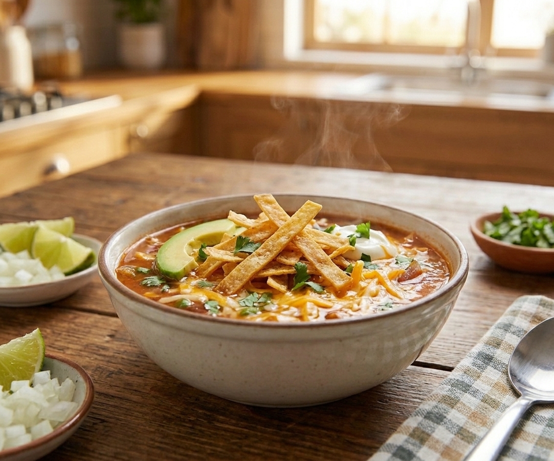 A bowl of tortilla soup topped with crispy tortilla strips, cilantro, and shredded cheese on a simple dinner table setting