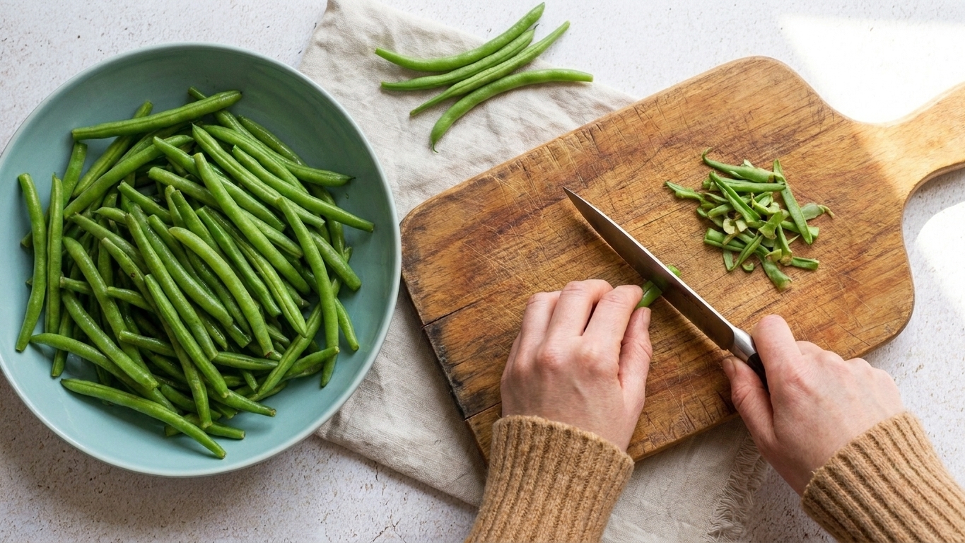 A bowl of trimmed fresh green beans beside a knife and cutting board on a kitchen counter